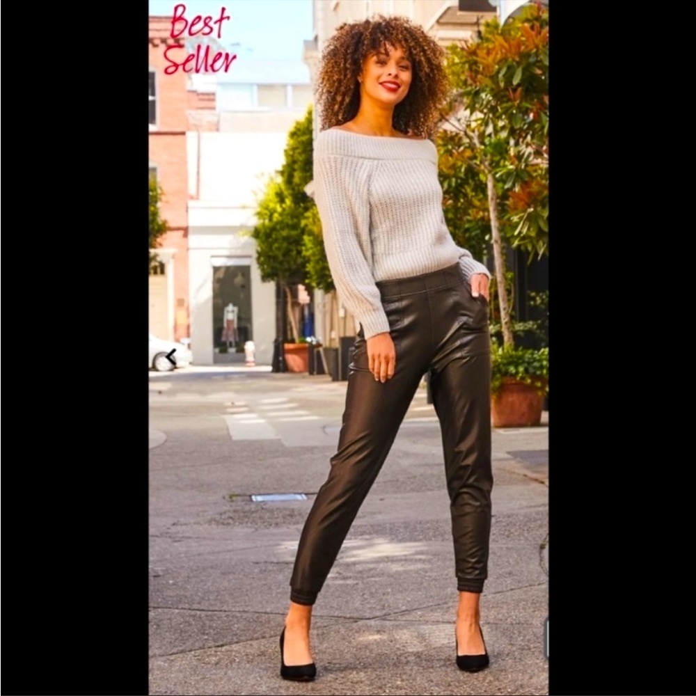 SPANX Black Faux Leather Jogger Utility Pants Size S - Picture 2 of 14